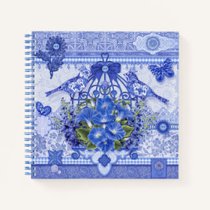 Carnet Oiseaux de porcelaine bleue et cage à oiseaux