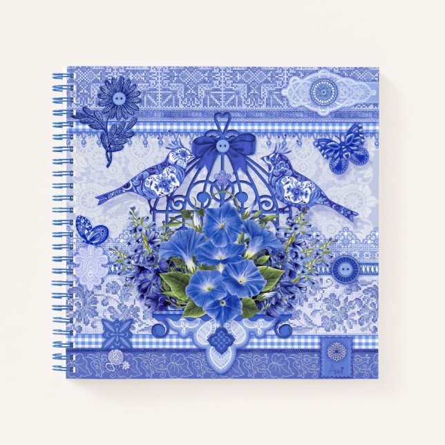 Carnet Oiseaux de porcelaine bleue et cage à oiseaux (Devant)