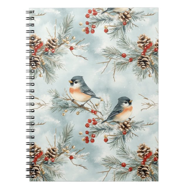 Carnet Oiseaux d'hiver Motif avec Pinecones et neige (Devant)