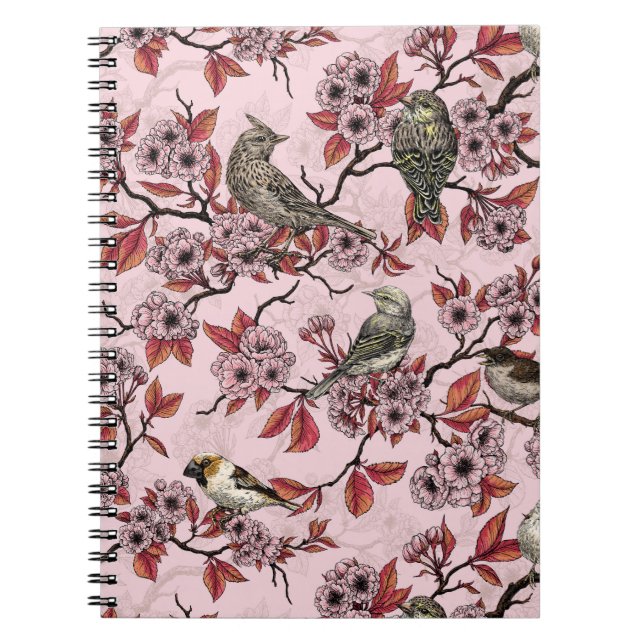 Carnet Oiseaux et fleurs de cerisier sur fond rose saumon (Devant)