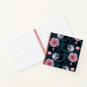 Carnet Oiseaux et fleurs de pivoines roses avec feuille