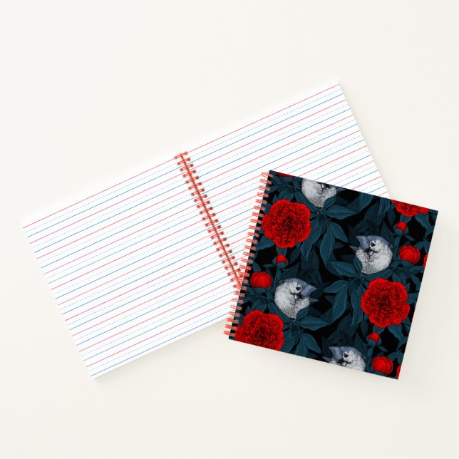 Carnet Oiseaux et fleurs de pivoines rouges avec feuilles (Intérieur)