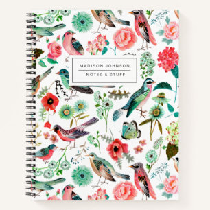 Carnet Oiseaux et fleurs multicolores tout-sur-impression