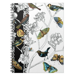 Carnet Oiseaux et papillons sur un Arrière - plan noir et
