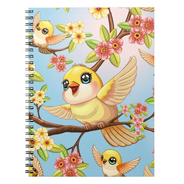 Carnet Oiseaux mignons et heureux parmi les fleurs du pri (Devant)
