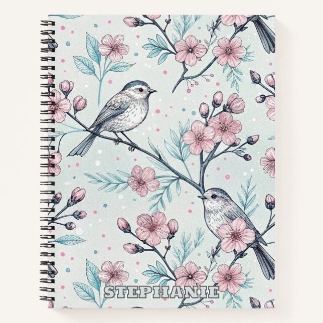 Carnet Oiseaux sarcelle élégants Fleurs de cerisier roses (Devant)