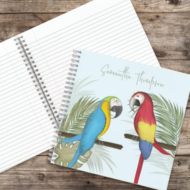 Carnet Oiseaux tropicaux colorés Personnalisés (Whimsical watercolor tropical parrots spiral notebook, square template)