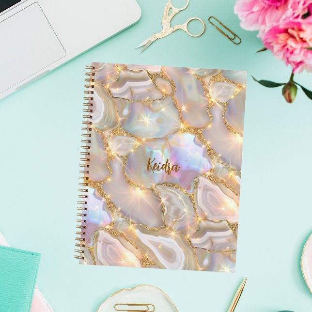 Carnet Or beige agate holographique nom (Créateur téléchargé)
