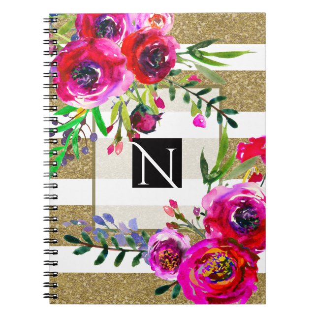 Carnet Or Blanc Rayures Gras Glam Floral Botanique (Devant)