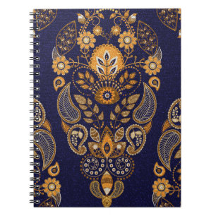 Carnet Or et bleu, motif sans couture fleurie.
