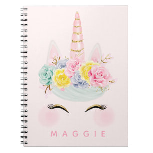 Carnet Or floral Girly de rose de licorne personnalisé