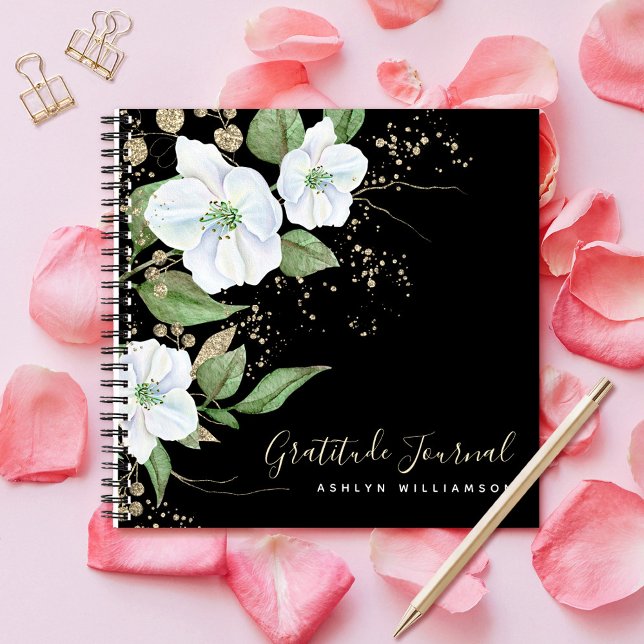 Carnet Or noir écriture florale aquarelle chic gratitude (Créateur téléchargé)
