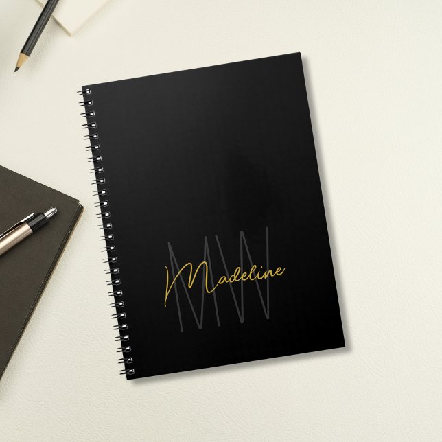 Carnet Or Noir Monogramme Élégance Moderne (Black and Gold Monogram Elegant Notebook by MINTIC DESIGN STUDIO)