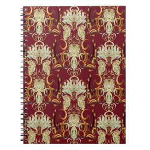 Carnet Or rouge floral, motif vintage luxueux.