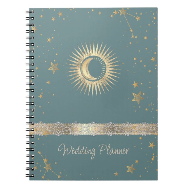 Carnet Or Soleil Céleste Et Lune Étoiles Vert Menthe (Devant)