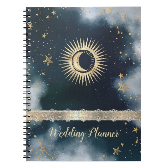 Carnet Or Soleil Céleste Lune, Étoiles Ciel Nocturne  (Devant)