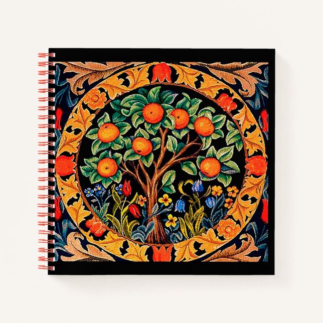 CARNET ORANGE ARBRE AVEC FEUILLES VERTS, FLEURS (Devant)