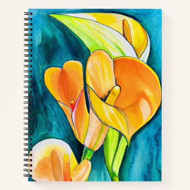Carnet Orange Calla fleurs de laine aquarelle art (Devant)