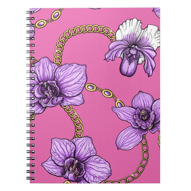 Carnet Orchidées et chaînes, violet et rose (Devant)
