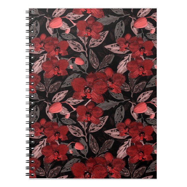 Carnet Orchidées rouges sur noir. (Devant)