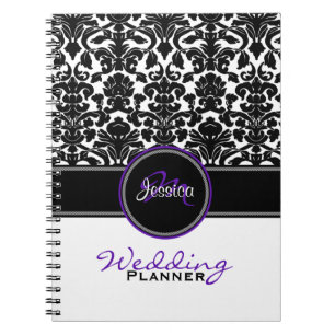 Carnet Organiseur de mariage en damassé violet noir et bl
