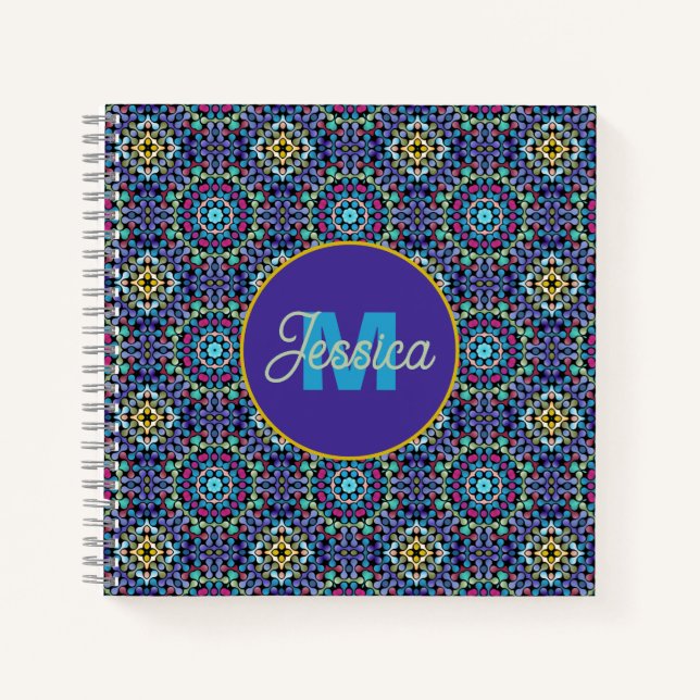 Carnet Ornate Blue Geometric Mosaic Pattern Personalised (Devant)
