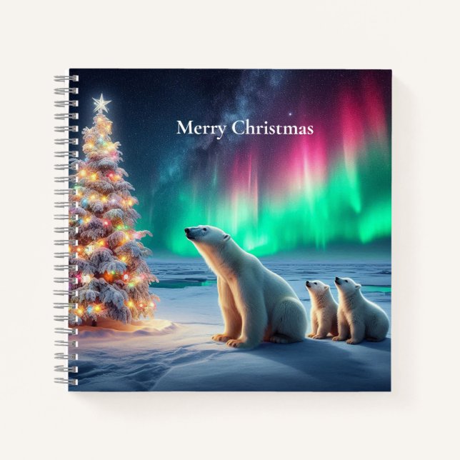 Carnet Ours Polaire Maman Cubs Arbre de Noël Lumières du  (Devant)