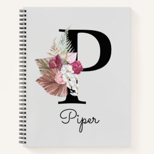Carnet P initial floral de saumon rose monogramme