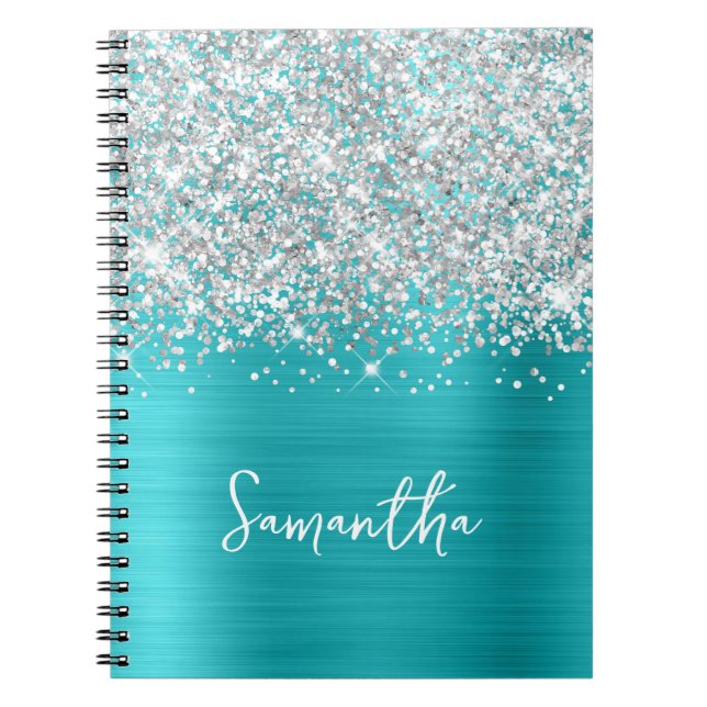 Carnet Pailleté Argent Turquoise Bleu Glam Script Nom (Devant)