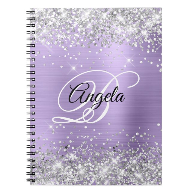 Carnet Pailleté Argent Violet Clair Métallisé Monogramme  (Devant)