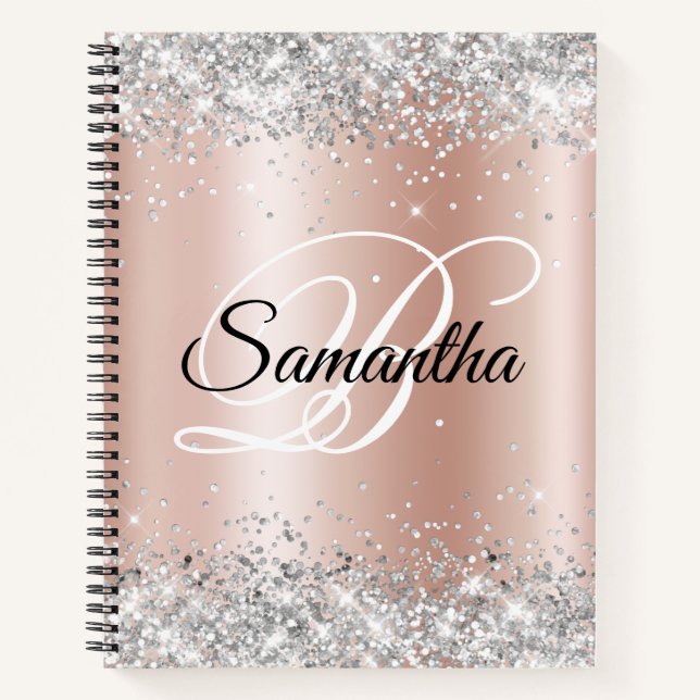 Carnet Pailleté Argenté Clair Rose Or Feuille Monogramme (Devant)