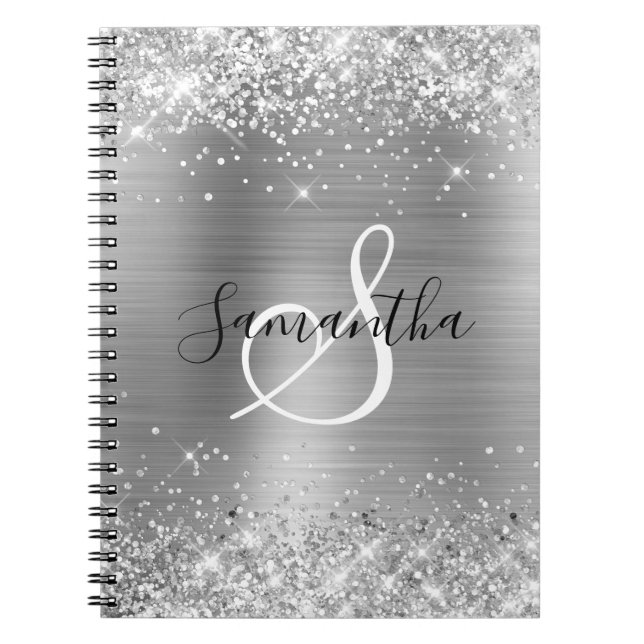 Carnet Pailleté Argenté Élégant Monogrammé (Devant)