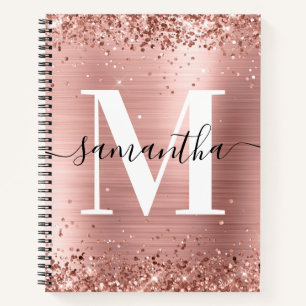 Carnet Pailleté Or Rose Feuille Moderne Monogramme Signat