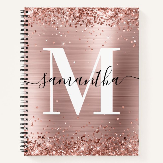 Carnet Pailleté Or Rose Feuille Moderne Monogramme Signat (Devant)
