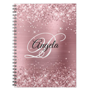Carnet Pailleté Rose Clair Feuille Monogramme Fantaisie