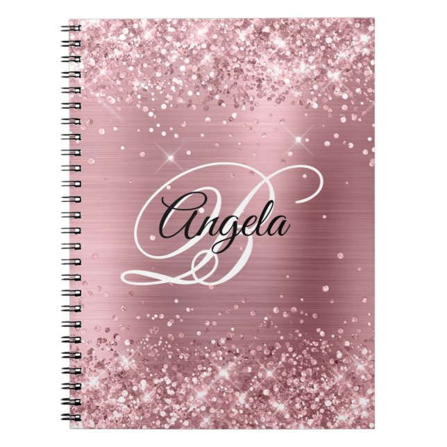 Carnet Pailleté Rose Clair Feuille Monogramme Fantaisie (Devant)
