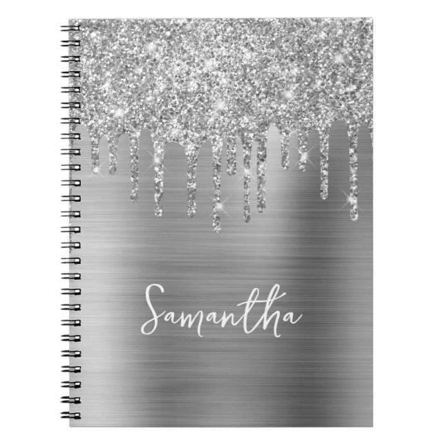 Carnet Paillettes Argentées qui Dégoulinent Nom Glamour (Devant)