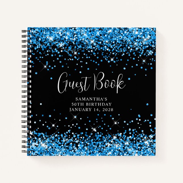 Carnet Paillettes Bleu Azur Noir 50e Anniversaire Invité (Devant)
