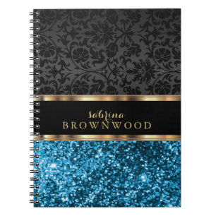 Carnet Paillettes bleues et damas noir