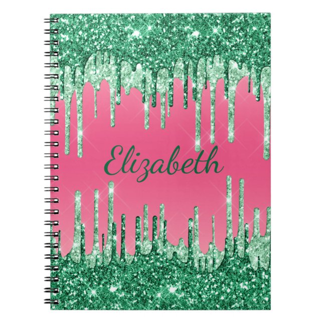 Carnet Paillettes de monogramme gouttes rose vert tendanc (Devant)