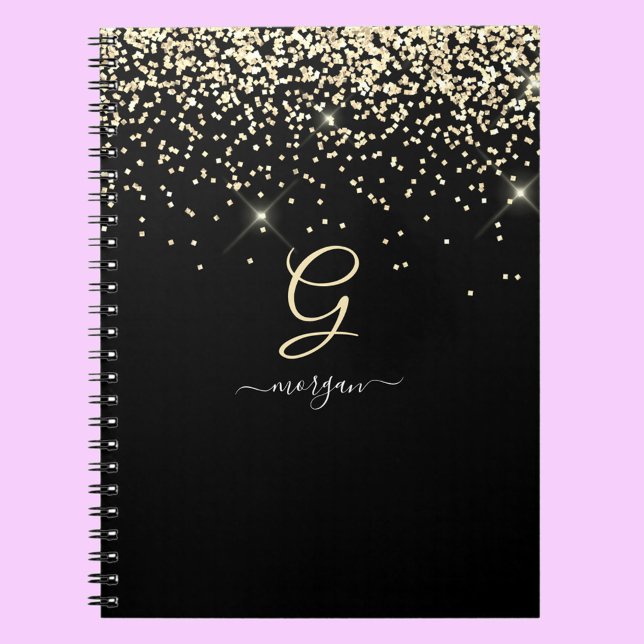 Carnet Paillettes dorées et monogramme Nom en écriture bl (Créateur téléchargé)