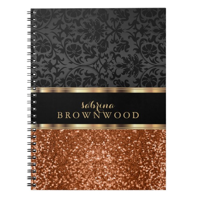 Carnet Paillettes orange et damas noir (Devant)