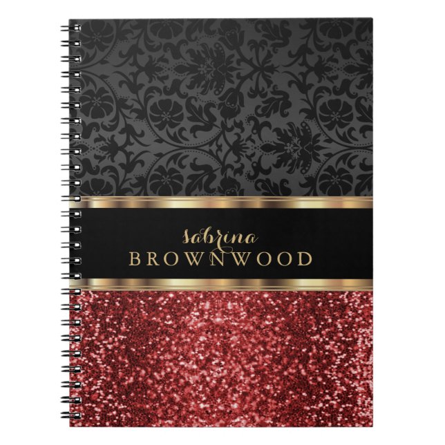 Carnet Paillettes rouges et damas noir (Devant)