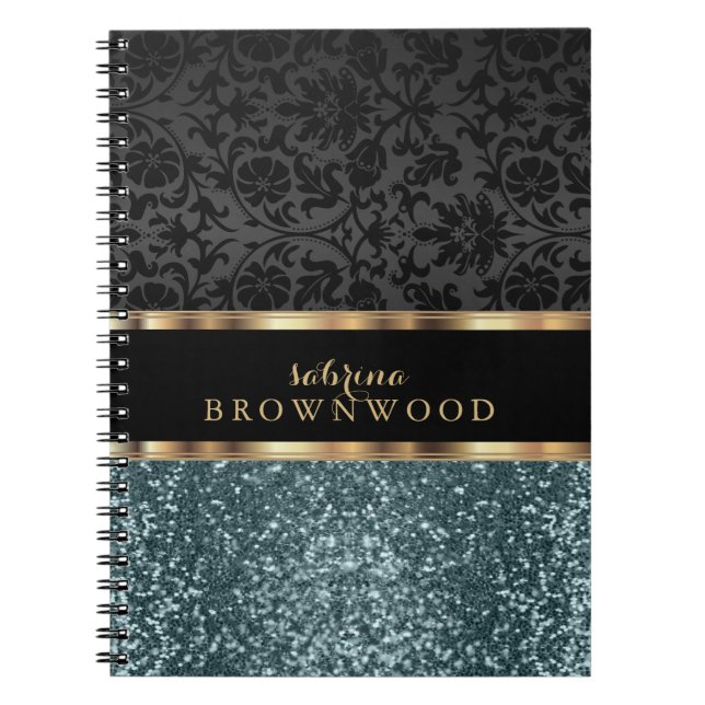 Carnet Paillettes sarcelle et damas noir (Devant)