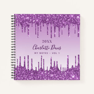 Carnet Paillettes violettes qui dégoulinent, monogramme v