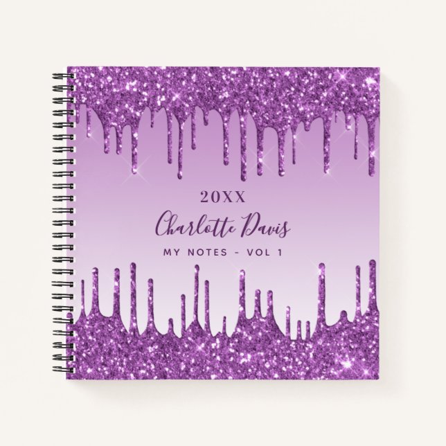 Carnet Paillettes violettes qui dégoulinent, monogramme v (Devant)