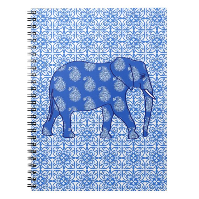 Carnet Paisley éléphant - bleu cobalt et blanc (Devant)