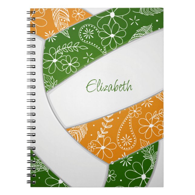 Carnet paislies plumes vert orangé volleyball (Devant)