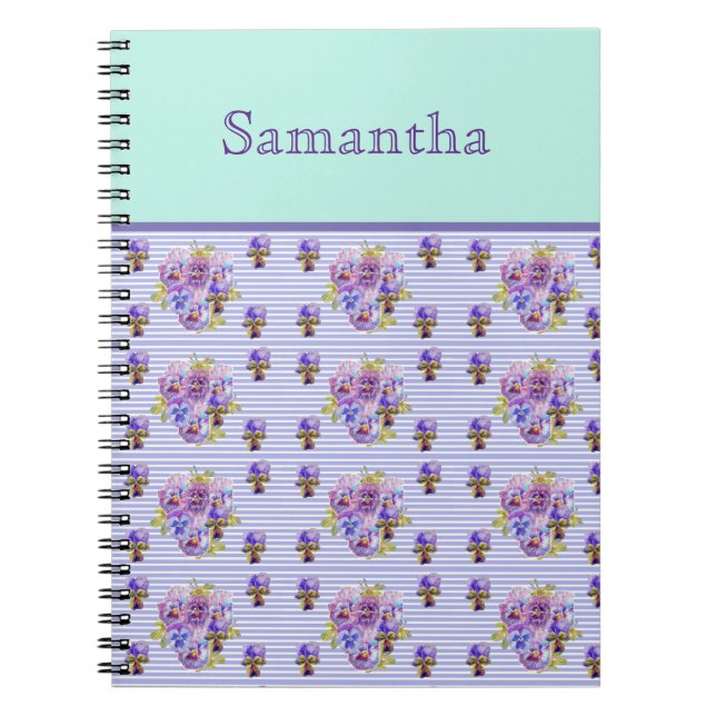 Carnet Pansy Flower Aqua Stripe art floral Girls Nom (Devant)