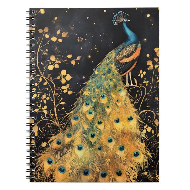 Carnet paon avec un plumage bleu et or vibrant (Devant)